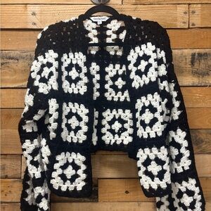 DAVI & DANI Black and White Crochet Cardigan